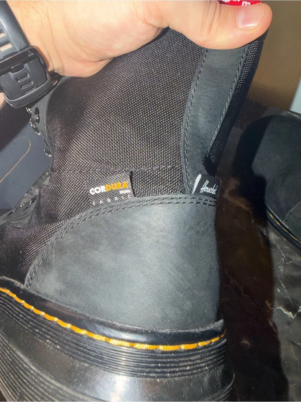 LIMITED EDITION - HERSCHELxDr Martens Black Canvas Boots Yellow Stitching. MINT